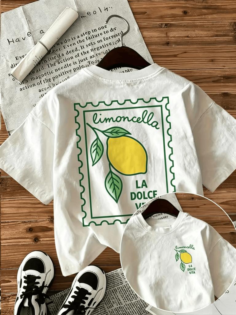 Limoncello Lemon Stamp Print T-shirt Italian Positano Graphic Double Sided Short Sleeve Tops Women Casual Streetwear Daily Tee