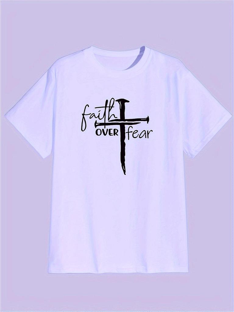 FAITH OVER FEAR Men'S Front Print Short Sleeve T-Shirt Comfortable and Breathable Casual Top for S