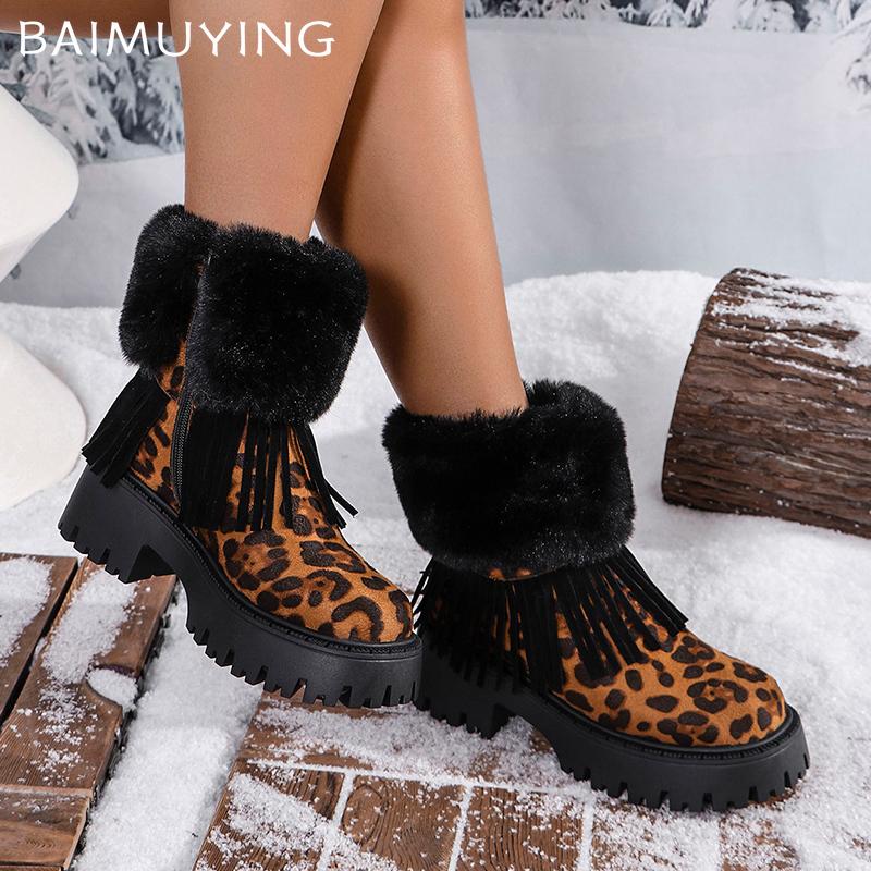 Женские зимние ботильоны на платформе с леопардовыми кисточками, замшевые меховые туфли на среднем каблуке, короткие плюшевые зимние ботинки 2025 года, тренд, теплые ботинки для женщин