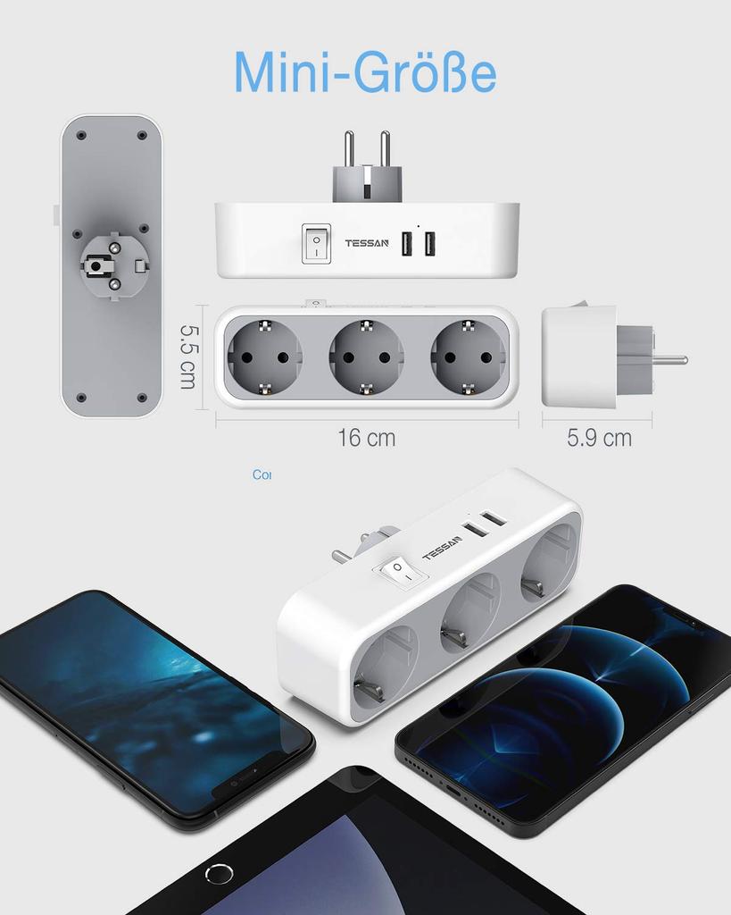 Tessan European Outlets Extender Power Strip with 1/3 AC Outlets, 2 USB Charging Ports and On/Off Switch EU Wall Socket for Home, Office, Travel