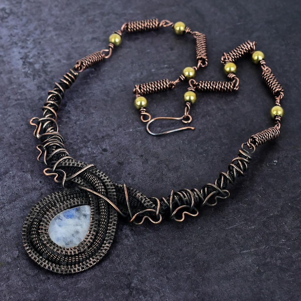 Радужный лунный камень драгоценный камень ручной работы медная проволочная ожерелье 18" B5W33