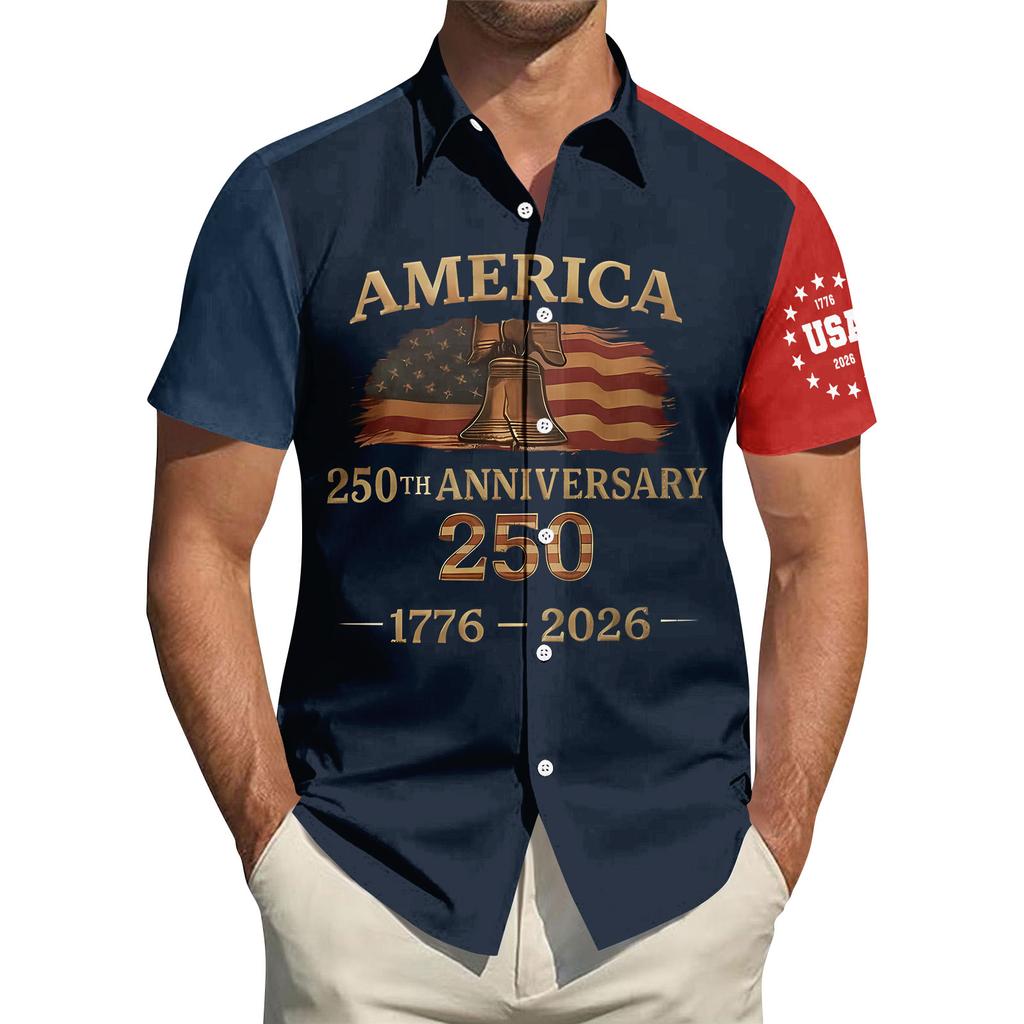 Men's Independence Day Printed Collared Top Men's Casual Sports Short-Sleeve Shirt