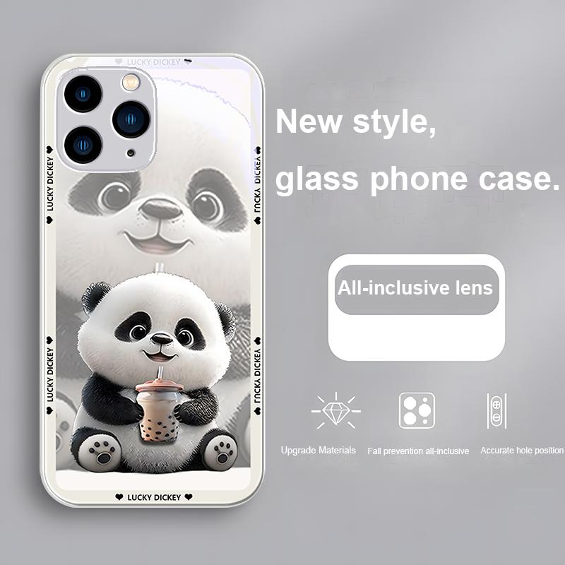 Purple Metallic Paint Tempered Glass Phone Case for Iphone 14 13 12 11 Pro Max X XS XR 7 8 Plus 2020 SE Cute Panda with Milk Tea