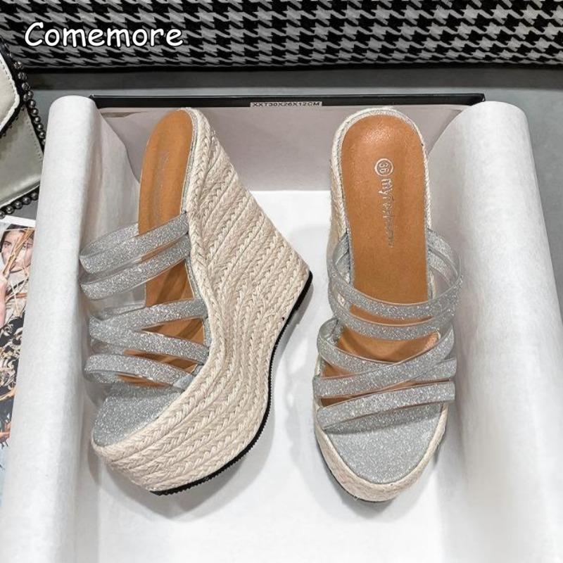 Модные шлепанцы на танкетке с высоким каблуком 15 см, летняя пляжная обувь для женщин, шлепанцы с блестящими ремешками, повседневные шлепанцы Pantuflas Mujer