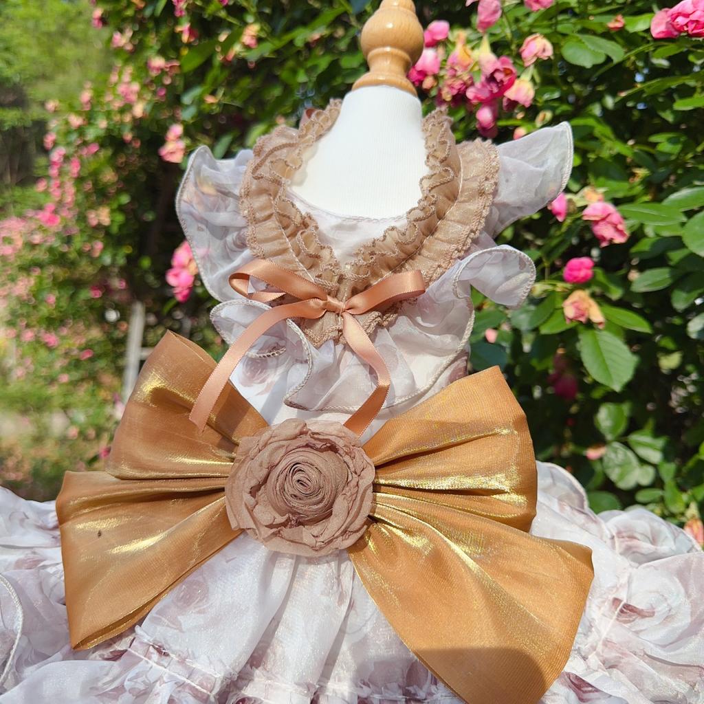 Luxury Khaki Roseflower Pet Dog Clothes Handmade Dot Print Long Tail Wedding Party Princess Dresses For Small Medium Dog Puppy
