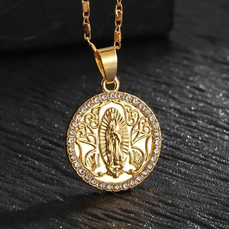 Exquisite Zircon Catholic Virgin Mary of Guadalupe Medal Necklace Women's Fashion Good Luck Amulet Jewelry