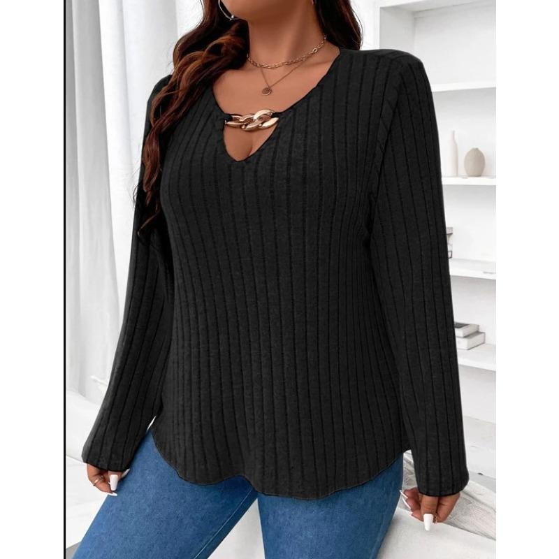 YYFS Women's Fashion Plus Size Casual Fall Winter Solid Color Print Long Sleeve V-Neck Pullovers & Long Sleeves