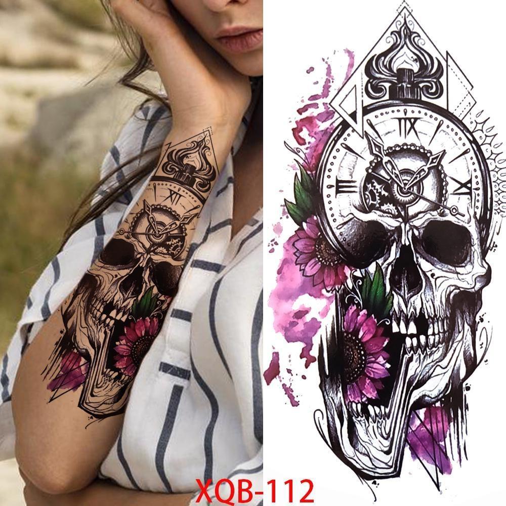 1 PC 210*114MM Cat Geometry Black Temporary Tattoos For Men Women Black Forest Skull Tiger Wolf Tattoo Sticker Evil Devil Arm Tattoo
