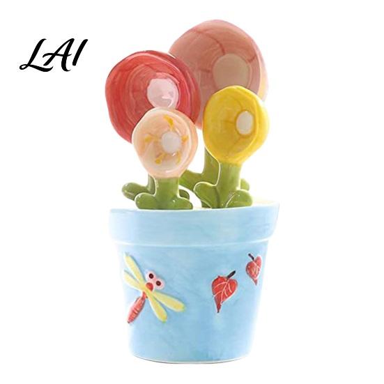 Kitchen Utensil Gift Set 4Pcs Flower Measuring Spoons Set Ceramic Nesting Cups