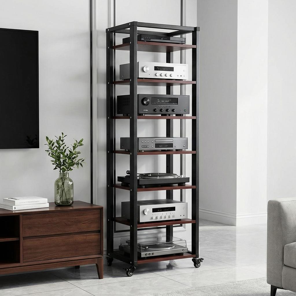 Stereo Cabinet Shelf Rack Tower Height Adjustable Shelves Audio-Video Shelving Unit with Wheels for Living Room Bedroom Office
