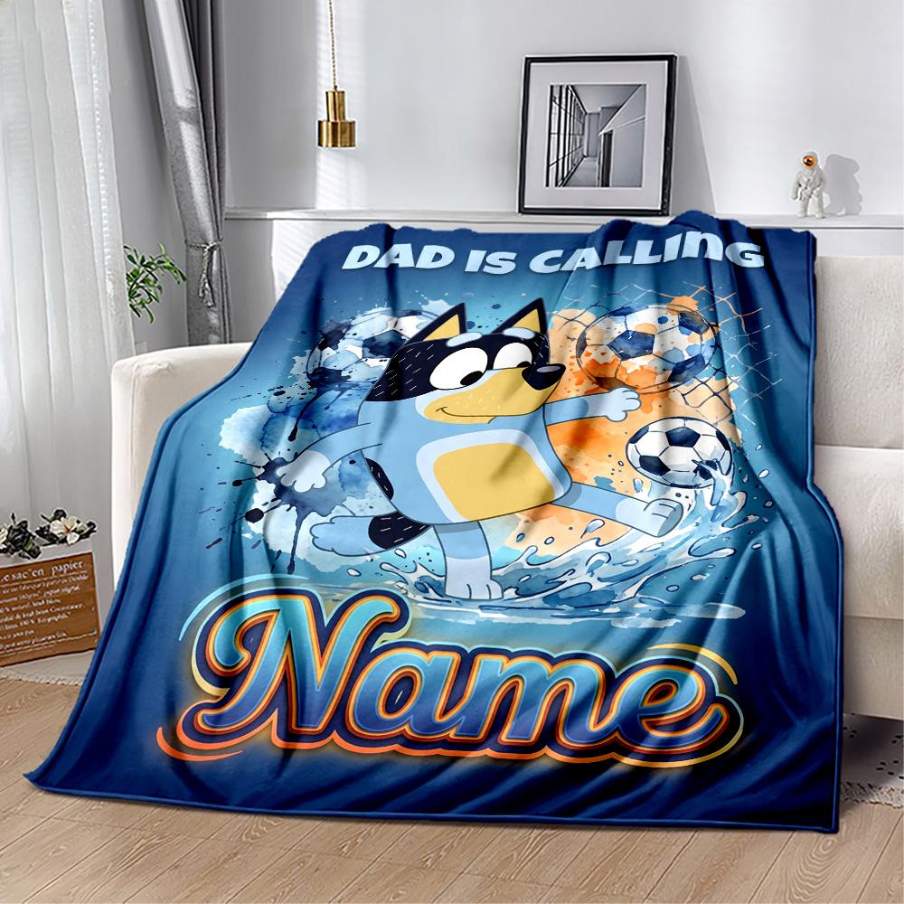 Soccer Fun Bluey Personalized Name Blanket Lightweight Customizable Blanket Comfortable Throw For Bedding Couch Home Decor Sofa All-Season Use