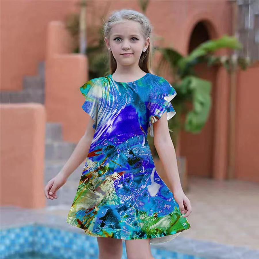 Girls Multi-colored Ice Cubes Print Dresses Kids Girl Party Dress Loose Fitting Loose Fitting Short Sleeved Skirt For Girls Over Four Years Old