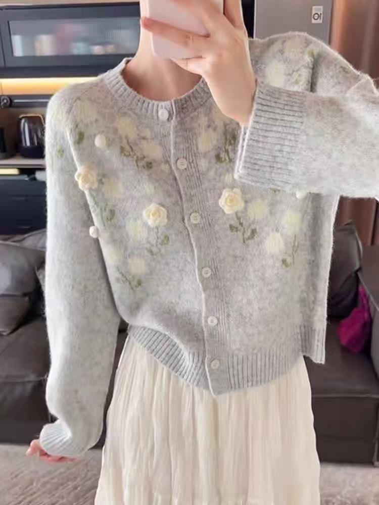 3D Floral Thick Wool Cardigan - Autumn/Winter Korean Style Women's Long Sleeve Sweater