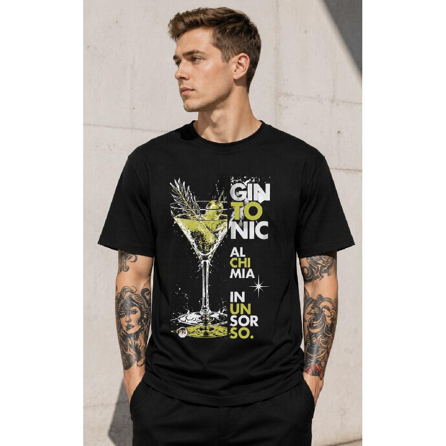 Men's black cotton crewneck tee with gin tonic cocktail graphic, short sleeve relaxed fit casual wear for bar nights or weekend outings