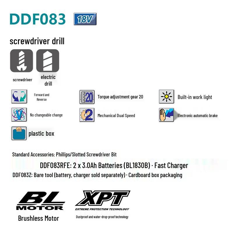 Makita DDF083/DDF083Z Бесщеточная аккумуляторная дрель/шуруповерт Штепсель CN (адаптер в комплекте)