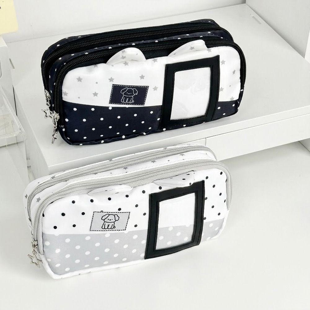 with Photo Window Pencil Case Polka Dot Puppy Print Stationery Bag Pencil Pouch  School Supplies