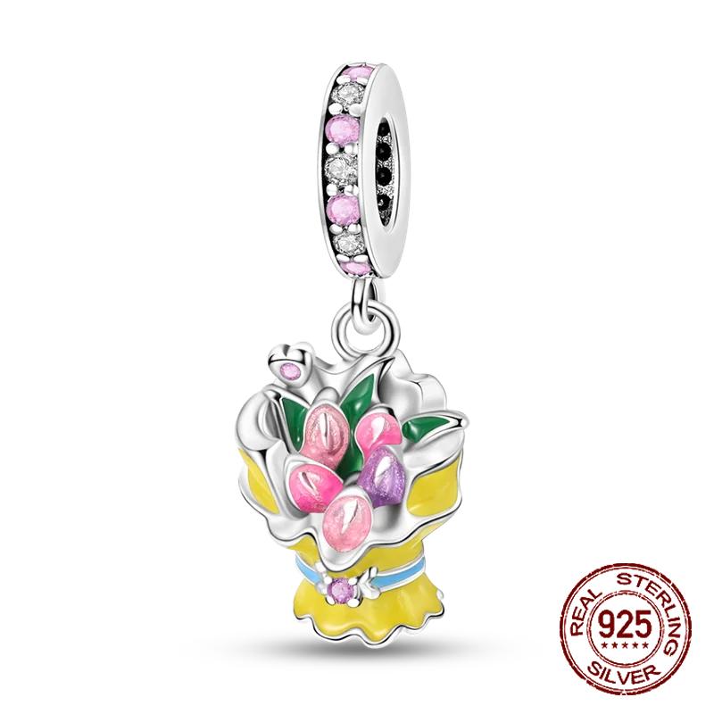 925 Sterling Silver Bouquet of Flowers Cat Swallow Snail Butterfly Pendant Charms Beads Fit Bracelet DIY Birthday Jewelry Gift