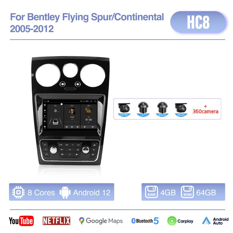 9-дюймовый Android12 MediaCarPlayer для Bentley Flying Spur/Continental 2005-2012 GPS-навигация 8 ядер 8+256 ГБ CarPlay 4G 360-градусная камера