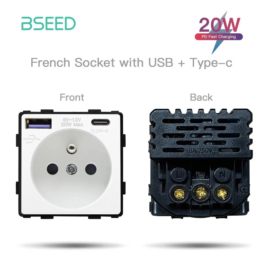 BSEED Zigbee Умные сенсорные выключатели 1/2/3 модуля Обычные французские настенные розетки Тип-C USB Функциональные модули Стеклянные панели DIY Комбинация