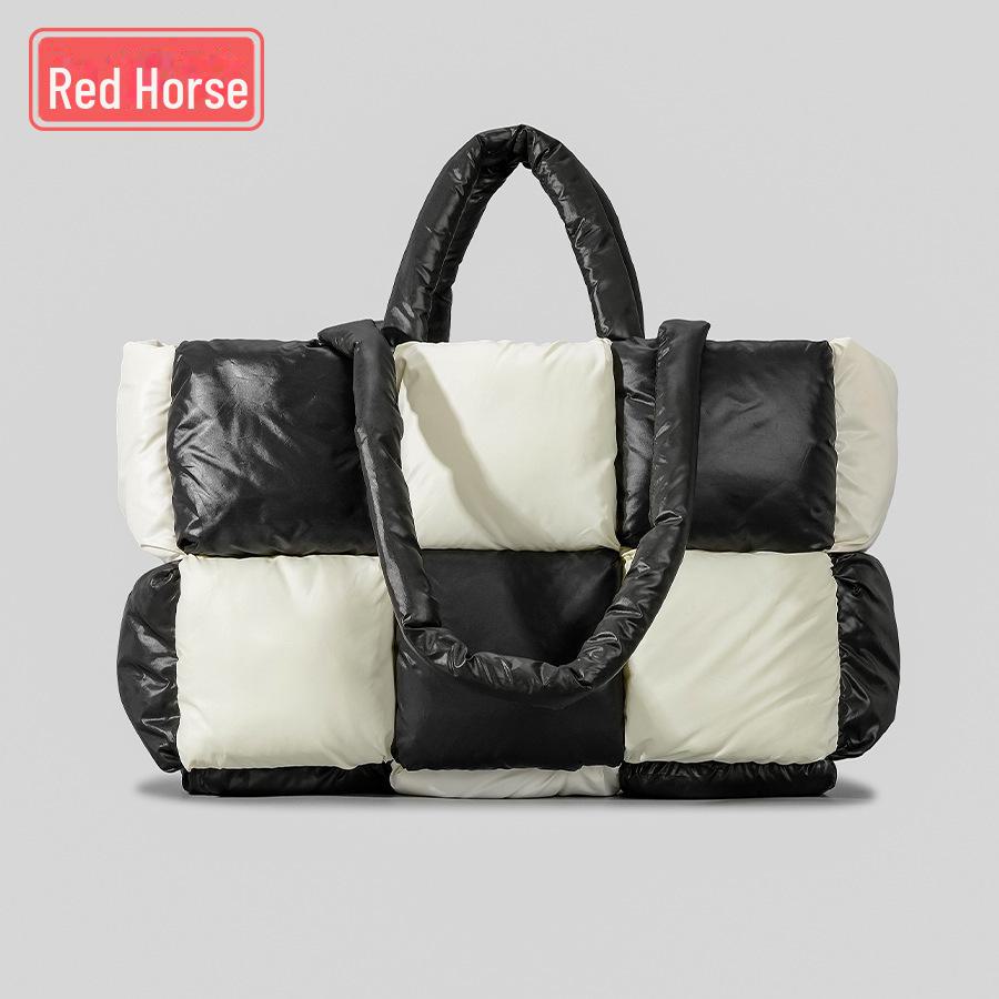 Женская легкая черно-белая клетчатая сумка-тоут – мягкая, пуховая сумка через плечо