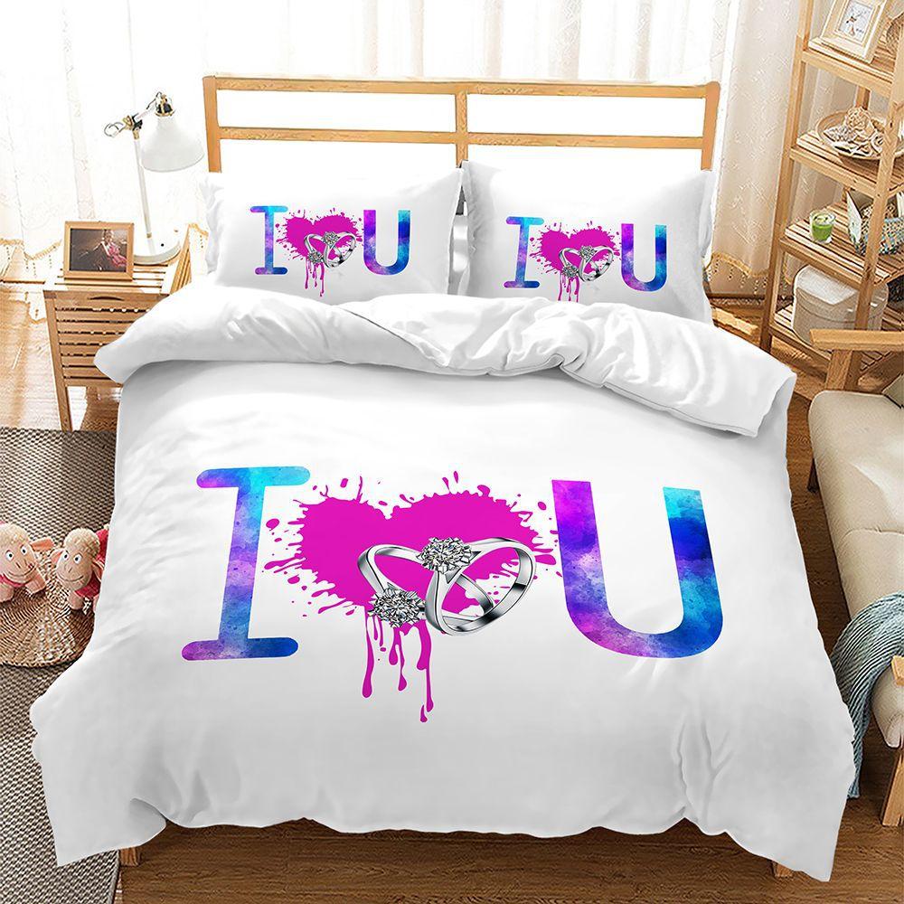 Love Heart Duvet Cover Set Marry Me Romantic Theme Polyester Comforter Cover With Pillowcase Queen Full Valentine'S Day Present