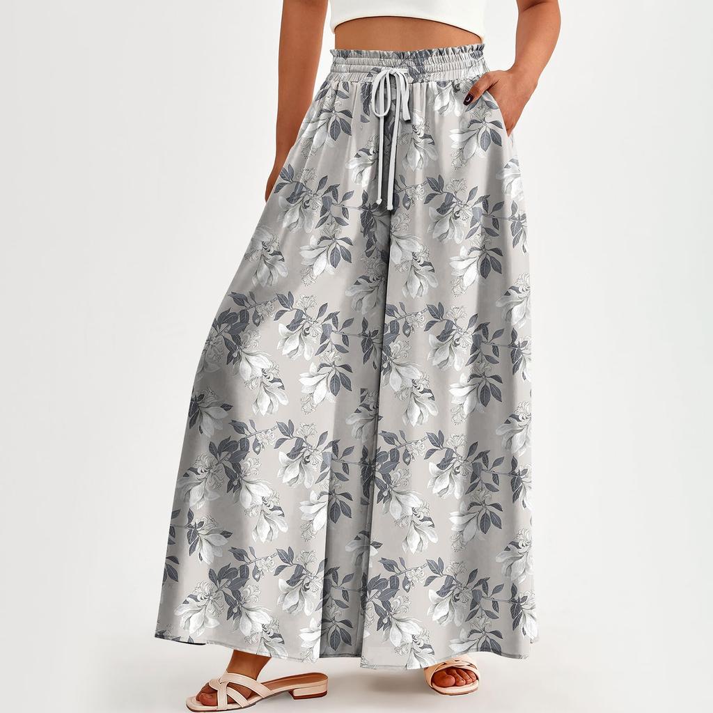 Женские брюки с высокой талией, широкие, повседневные, струящиеся брюки-палаццо, брюки с цветочным принтом и карманом