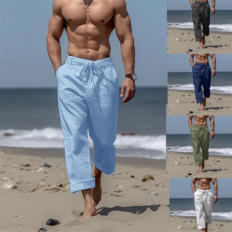 Men's Drawstring Beach Trousers with Front Pockets Straight-Leg Solid Colour Comfortable Breathable Casual Everyday Holiday Trousers