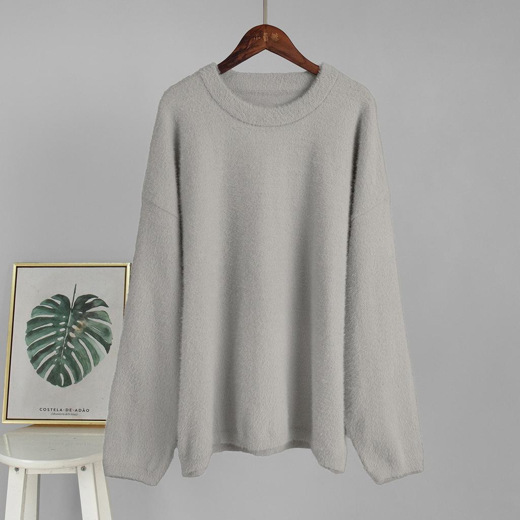 Fall Winter New Casual Loose Solid Color Simple Crewneck Pullover Sweater Knit Top for Women European American Style Crossborder