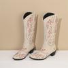 Вышивка Западные Женские Сапоги до Колена Коричневые Черные ПУ Квадратный Каблук Зимние Круглый Носок Винтажные Ковбойские Ковбойские Слипоны Длинные Сапоги