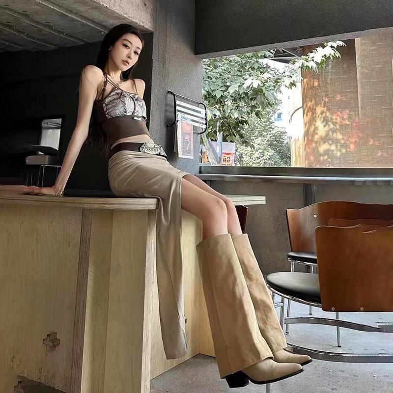 Остроносые толстые каблуки, брюки, сапоги, 2024, новые осенне-зимние женские винтажные ковбойские сапоги до колена на высоком каблуке в стиле вестерн, женские