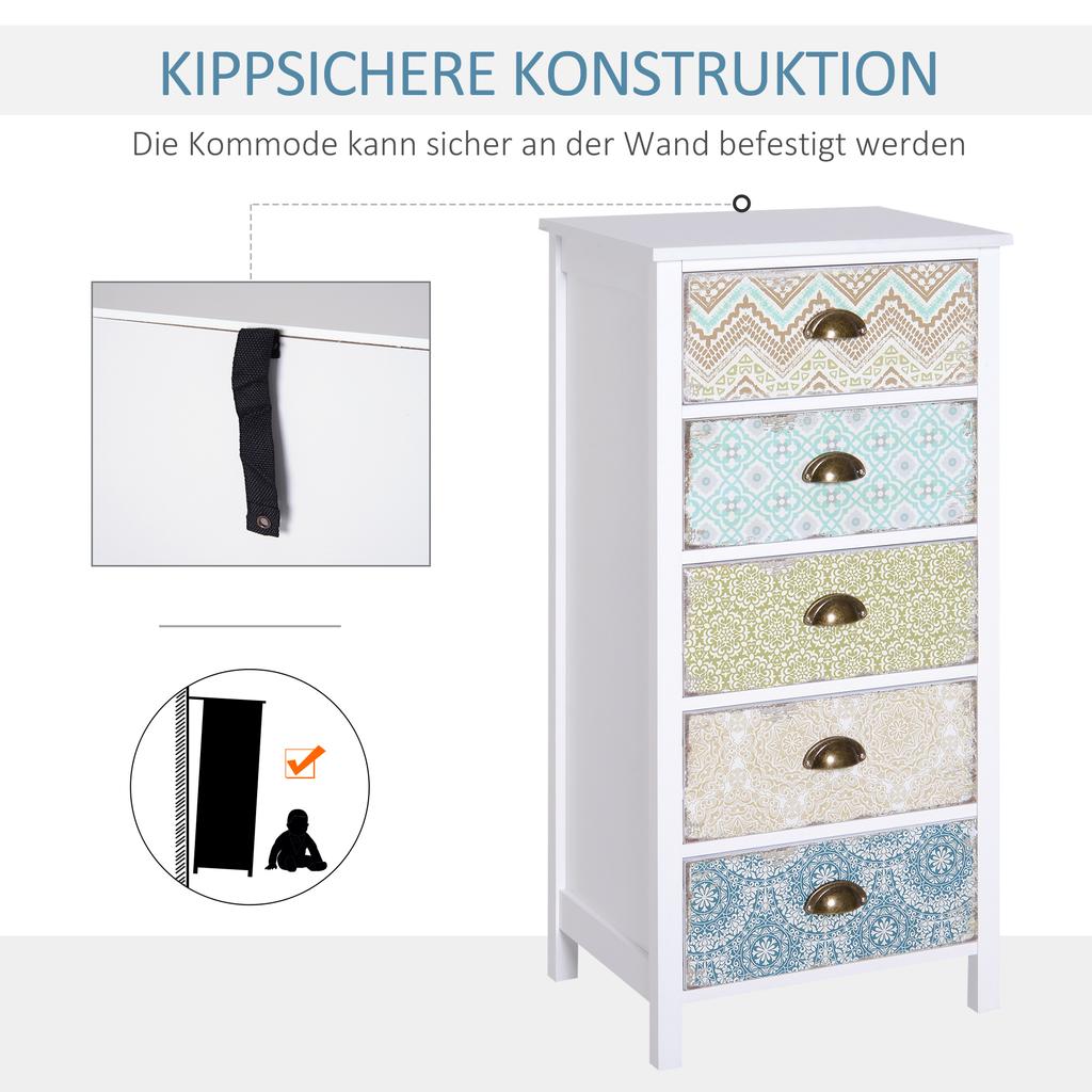 Chest of Drawers Drawer Dresser Sideboard, Modern Design, 5 Drawers, 46 cm x 34 cm x 97.5 cm, Colorful