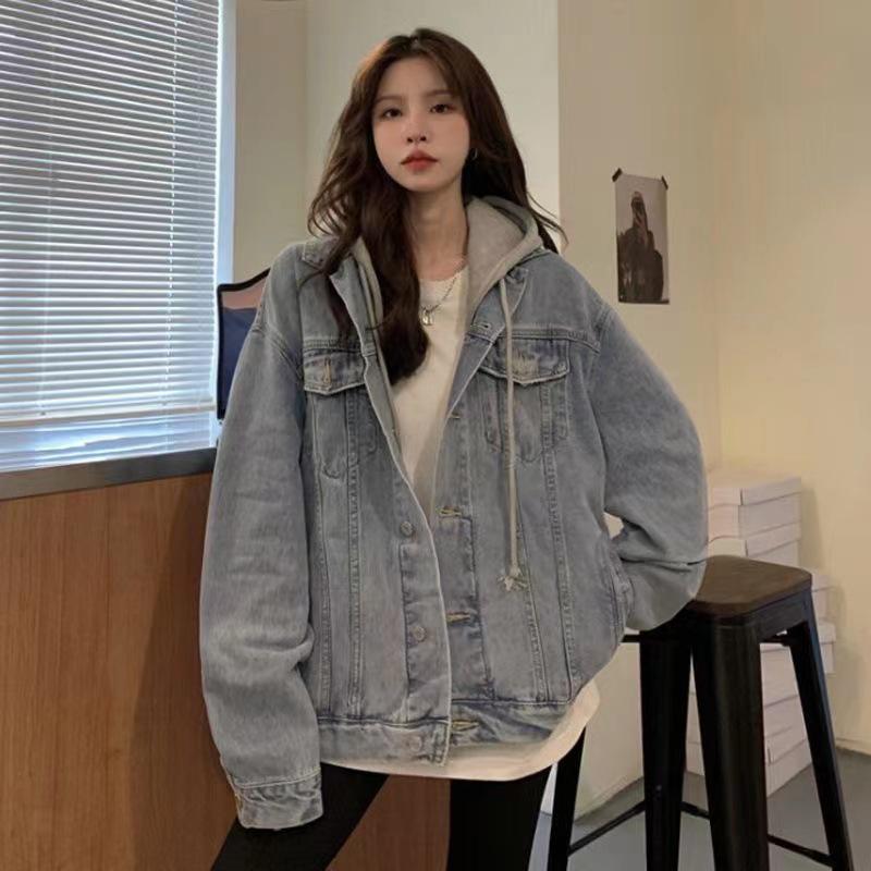 Women's Slim Hooded Denim Jacket - Popular Japanese and Korean Style, Long-Sleeved, Short Length for Spring and Autumn