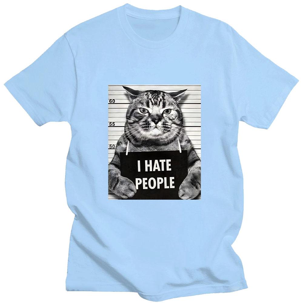 I Hate People Meow Print T-shirt Fun Cat Print T Shirts Loose Street Short Sleeve Female/Male 100% Cotton Clothing Casual Tshirt
