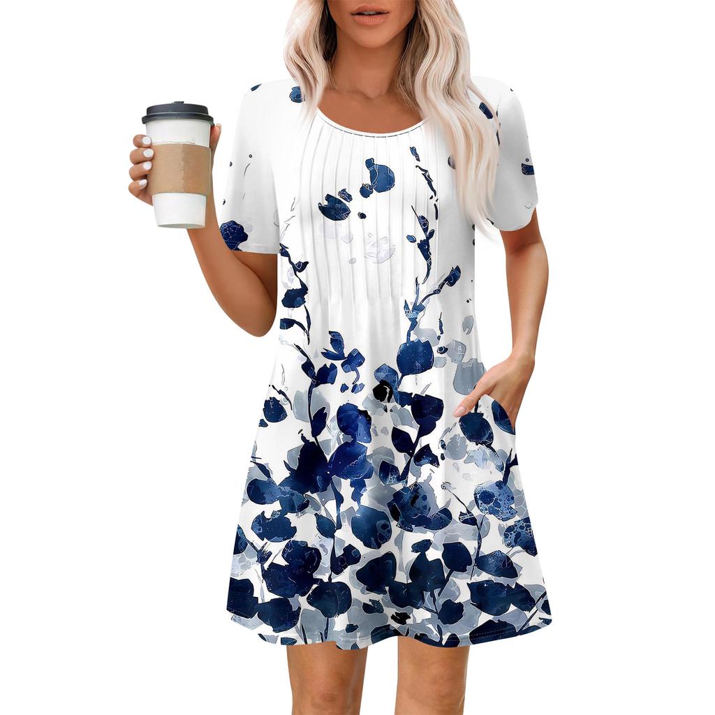Women's Summer Dress Loose Beach Vacation Casual Round Neck Short Sleeve Sundress With Pocket Short Sleeve Shirt Dress