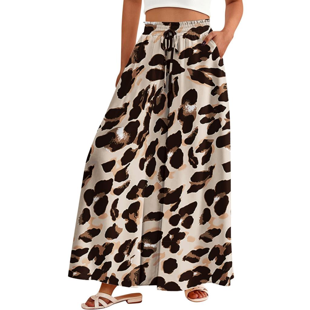 Women's Palazzo Pants Boho Floral Wide Leg Trousers Summer Beach High Waisted Flowy Pants With Pockets