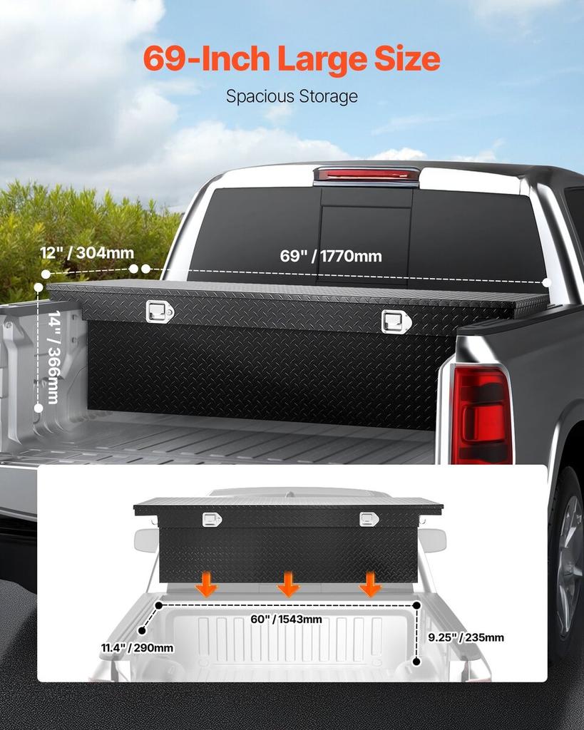 Crossover Truck Tool Box, 69x12x14 In, Heavy Duty Aluminum Toolbox with Diamond Texture, Pick Up Truck Bed RV Trailer Toolbox, Waterproof Storage