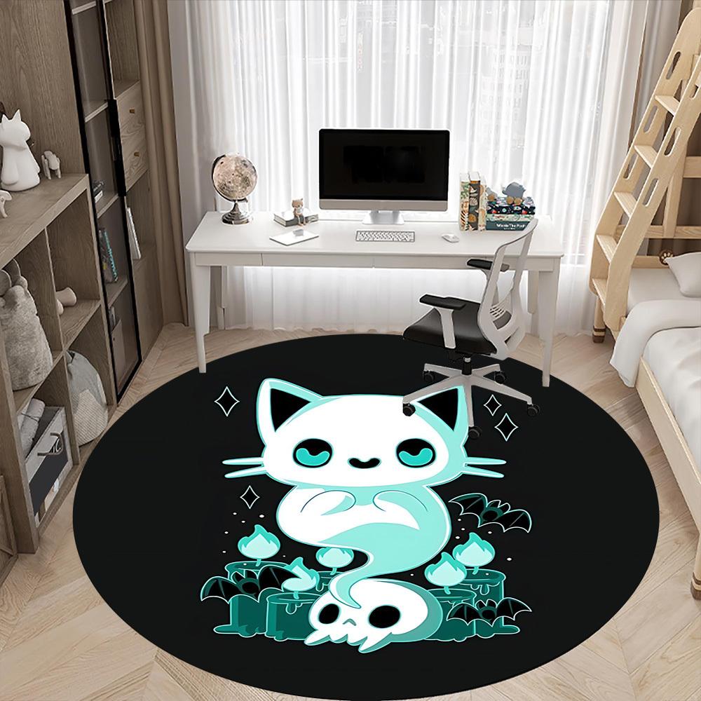 1pc Ghost Cat Office Round Area Rug, Indoor Mat Suitable For Office, Under Office Chairs Bedroom Living Room Home Decor, Room Deco