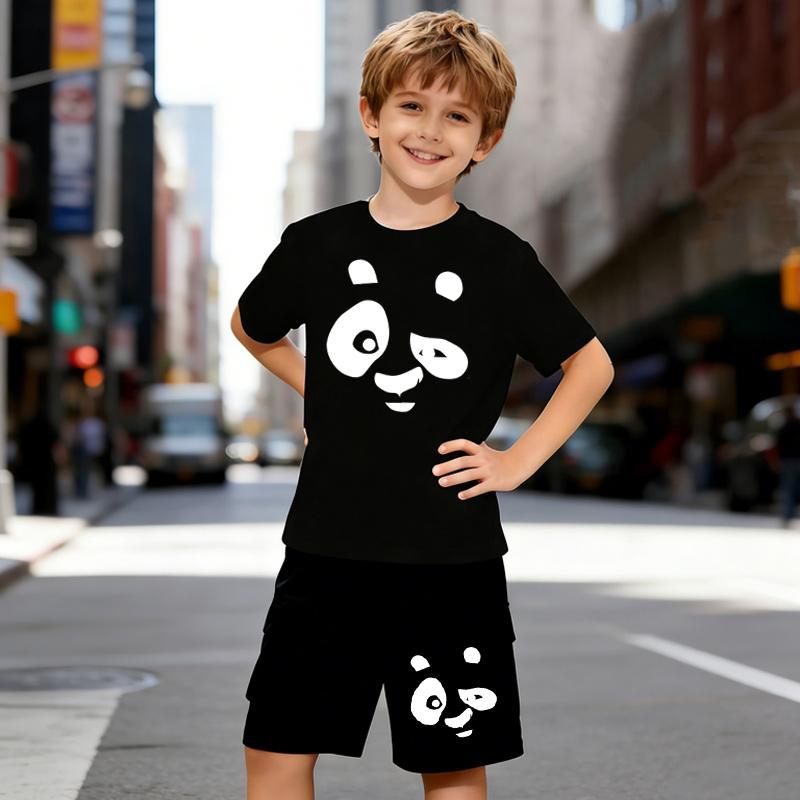 Boys 2 Piece Panda Face Print Outfit, Short Sleeve T-Shirt and Shorts Set for Kids Age 5-14,Black and White Sporty Casual Summer Clothes