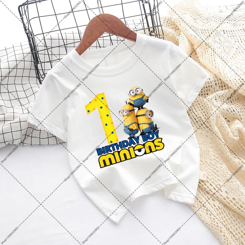 Minionses Boys Birthday Party T-shirt Cartoon Anime Pattern Number 1-9 Printed T-Shirt Children Summer Clothes Fashion Tops Gift