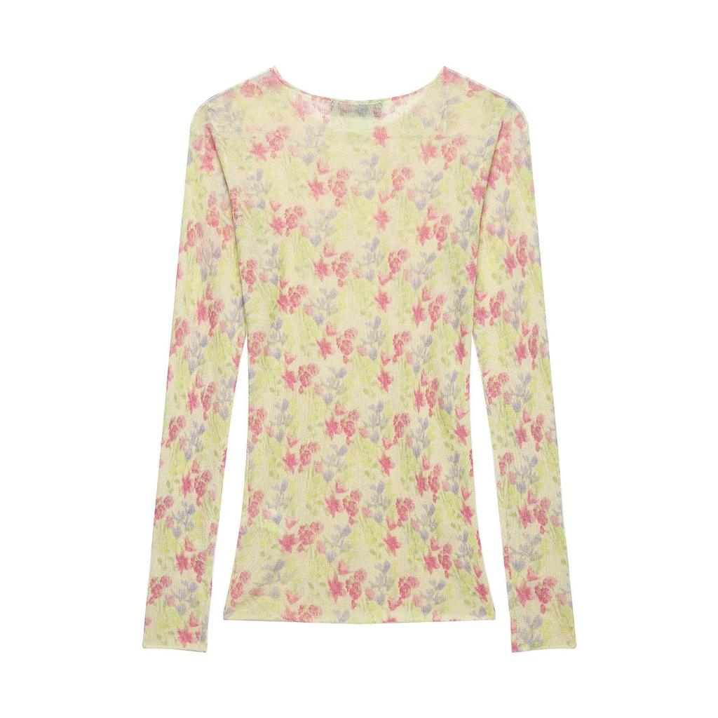 European and American style, new women's clothing, fashionable versatile and slim-fitting personalized flower-printed knitted sweater and top