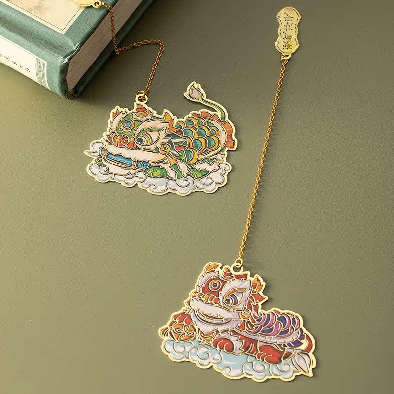 Chinese Lion Dance Enamel Bookmark - Cultural Gift for Students