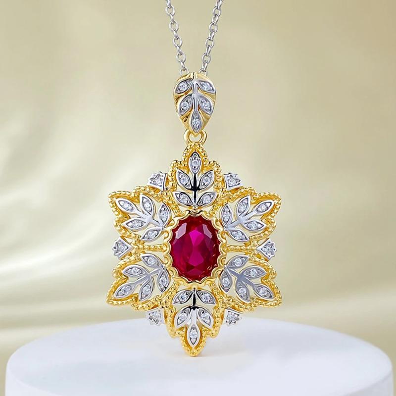 Винтажное ожерелье с подвеской в виде цветка золотистого серебряного цвета для женщин в дворцовом стиле с овальной огранкой из красного циркония, свадебное вечернее или банкетное, подарок