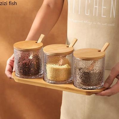 Набор банок для приправ на кухне, стеклянная коробка для приправ с узором из молотка, бамбуковой и деревянной крышкой, солонка, банка для перца, баночки для специй