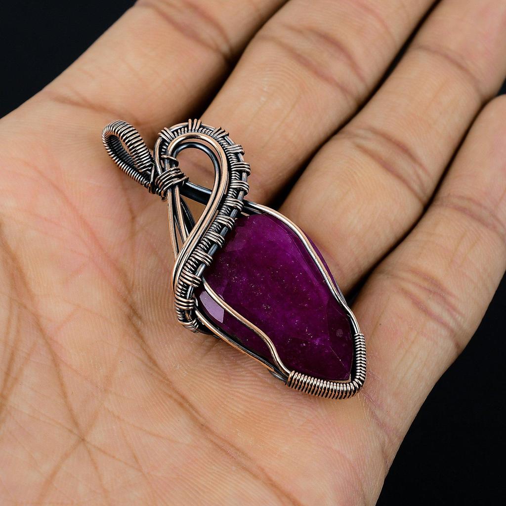 Рубиновый кулон Ювелирные изделия из драгоценных камней, Кулон ручной работы, обернутый медной проволокой 999 пробы, Ювелирные изделия новейшего дизайна