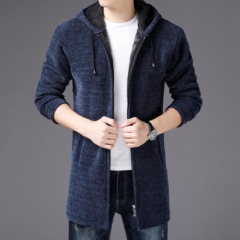 New Chenille Mid-length Plus Velvet Black Hooded Knitted Sweater Jacket Men's Autumn and Winter Cardigan