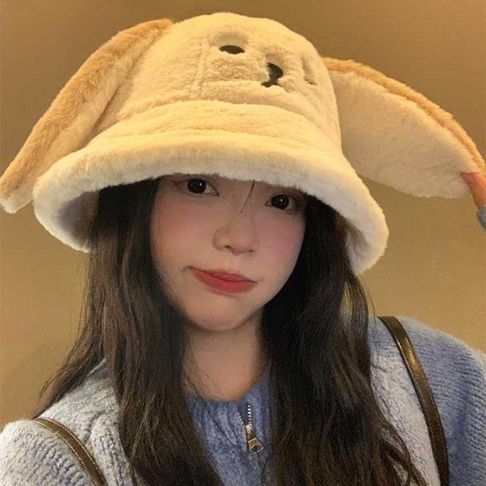 Korean Doggie Ear Bucket Hat Warm Women Plush Hats Cute Oversized Puppy Hat  Girls