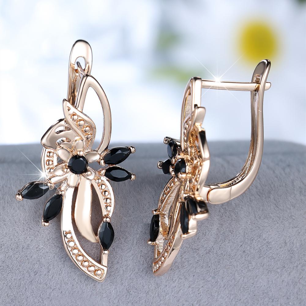1 Pair Black Zircon Flowers Drop Earrings for Women Gold Color Wedding Ethnic Style Jewelry