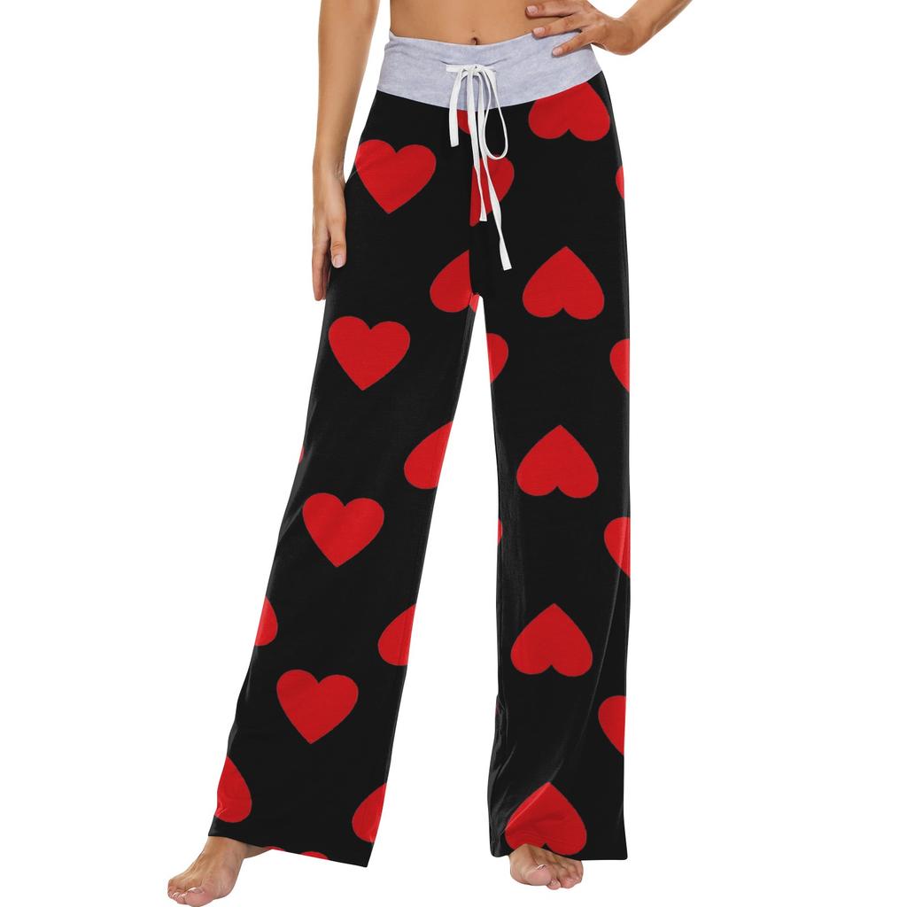 Women's Fashion Casual Comfortable Pajama Pants Love Printed Drawstring Wide Leg Pants Trousers