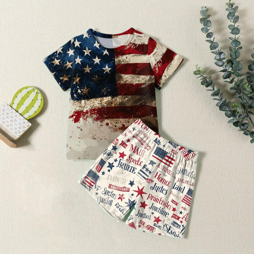Мода для мальчиков девочек Повседневный комплект ко Дню независимости: футболка с круглым вырезом и короткими рукавами, шорты
