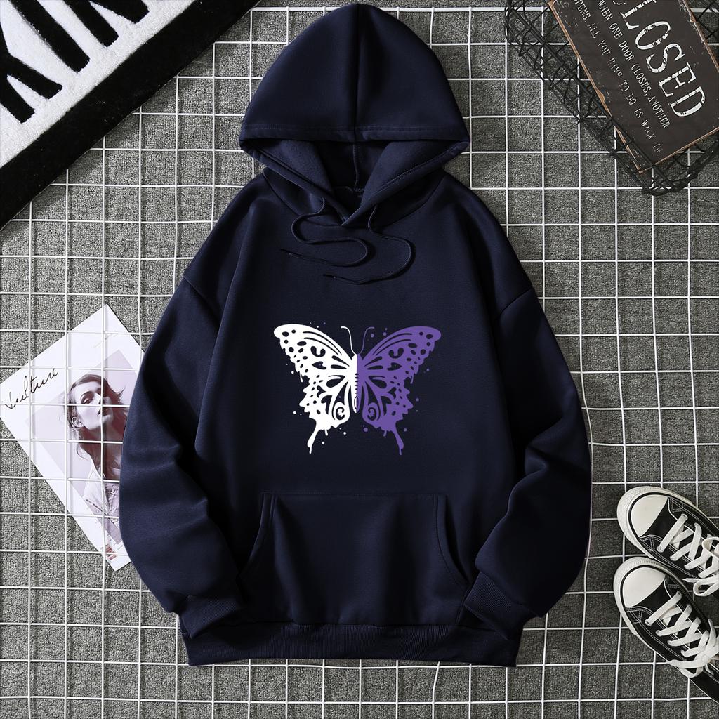 Top Casual Soft Women Hoodie White and Purple Butterfly Personality Funny Women Fashion Wool Hoodie Loose Sports Shirt